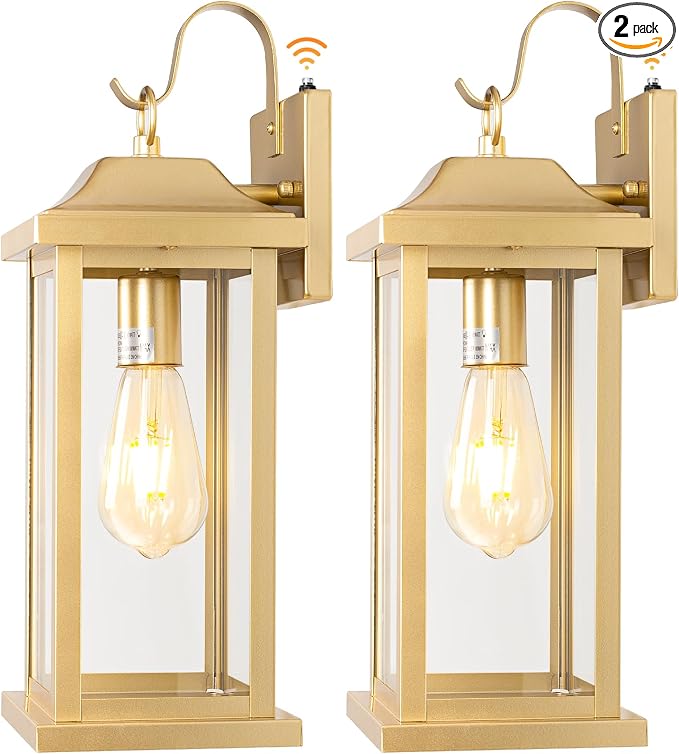 17 Inch Gold Outdoor Sconces Dusk to Dawn 2-Pack | ETL Listed Porch Lights, Photocell Sensor Brass Outdoor Light Fixtures Anti-Rust, Outside Wall Lanterns Wall Mounted Lamps