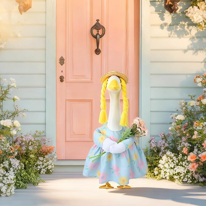 Spring Porch Goose Outfit, 23 Inch Floral Dress with Straw Hat and Braided Hair, Cute Goose Statue Clothes for Outdoor Lawn Garden Decor, Funny Farmhouse Porch Decoration