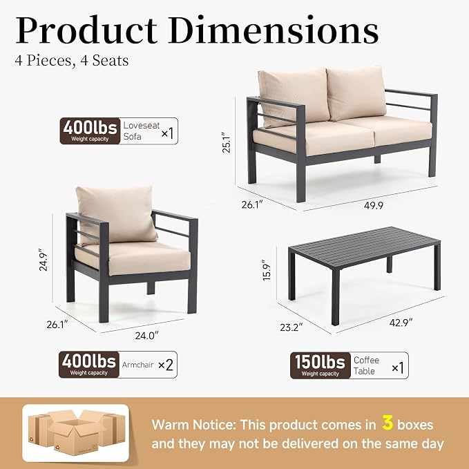 4-Piece Patio Furniture Set – All-Metal Outdoor Sectional Couch with Horizontal Slat Armrests, 4" Cushions & Coffee Table, Modern Patio Conversation Set for Porch, Balcony, or Deck (Beige)
