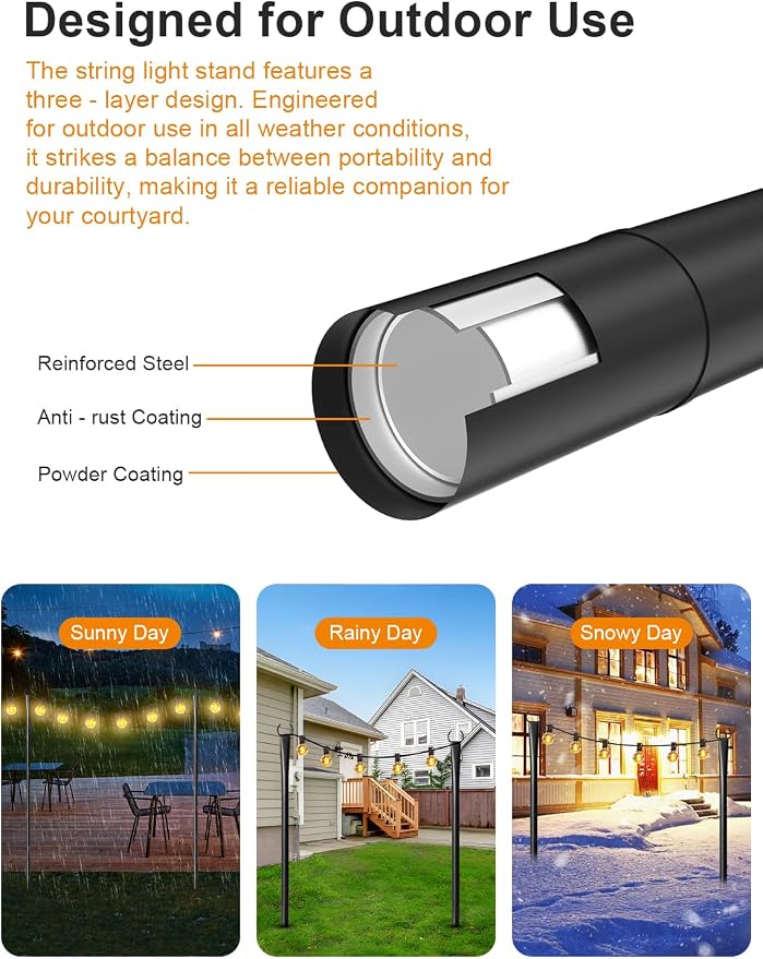 10 Pack String Light Poles for Outside with Ground Stakes and Fence Clips | Adjustable 7-section metal patio light poles for string lights and lanterns; for garden, patio, backyard and outdoor decor.