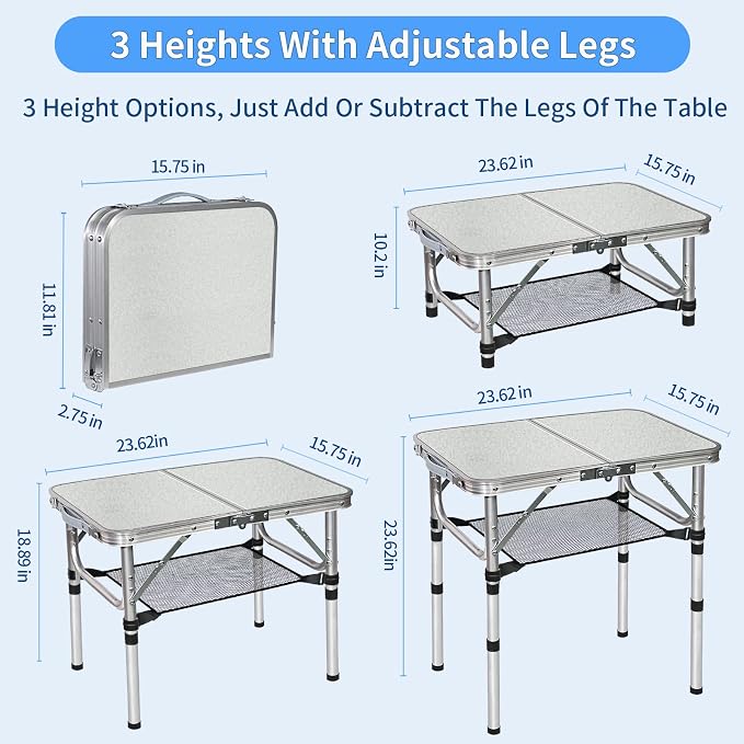 Small Folding Table with Storage Net, 24" x 16" Portable Foldable Camping Table with 3 Adjustable Height, White Metal Table for Beach, Patio, BBQ