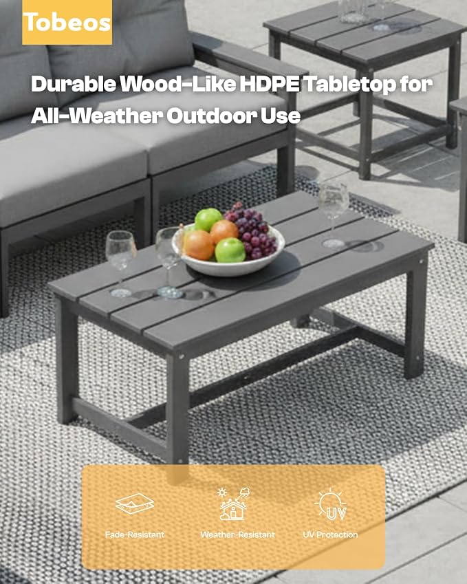 HDPE 7 Piece Patio Furniture Set, All-Weather Outdoor Couch Set with Thick Cushions & Coffee Table & Side Table, Patio Conversation Sets for Lawn, Garden, Balcony, Porch, Deck, Grey & Grey