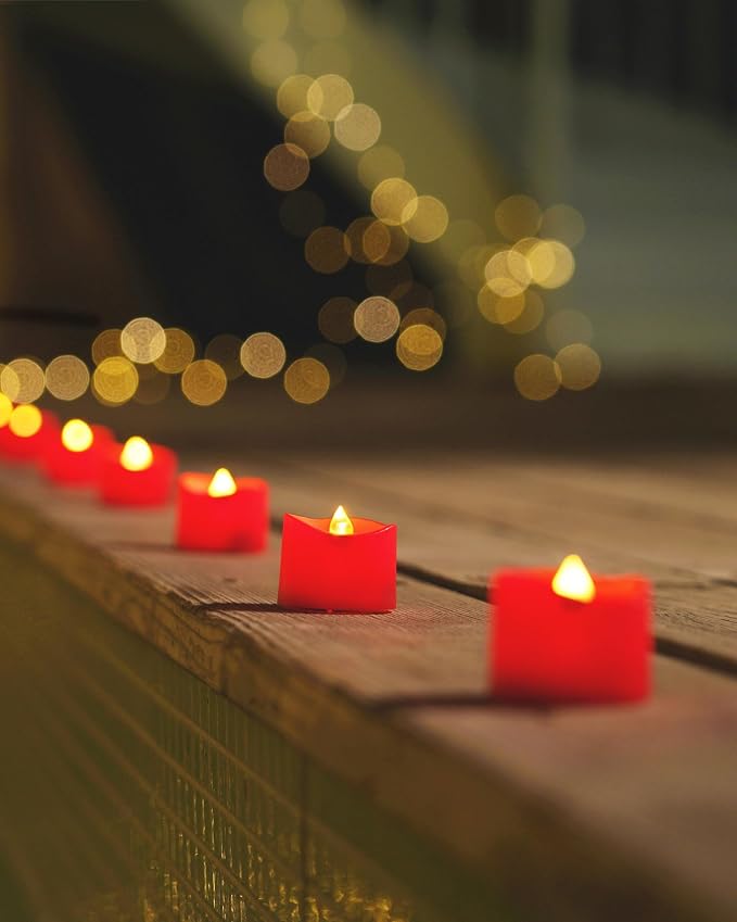 Homemory Red Tea Lights Candles Battery Operated, 200+Hour Flameless Flickering Fake Electric LED Colored Tealights Candles for Party, Wedding, Anniversary, Halloween, Christmas, 12-Pack