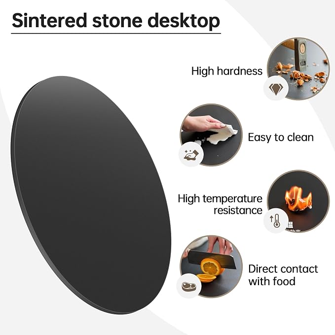 Round Table Top, 23.6” Black Sintered Stone Tabletop, DIY Replacement & Cover Marble Desktop, Scratch & Wear Resistant, Easy to Clean, Suitable for Indoor & Outdoor