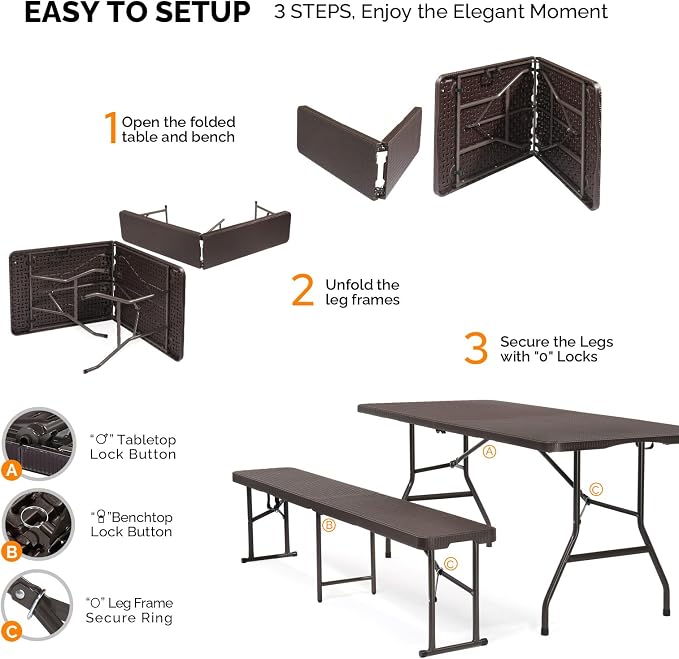 VINGLI Picnic Table Set with 2 Benches, 6 Feet Camping Table Chair Set, 3-Piece Folding Furniture for Indoor or Outdoor Use, Rattan Patterned Tabletop, Brown