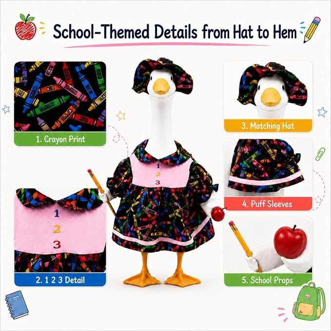 Back to School Porch Goose Outfits For 23" Cement Plastic Geese Statue | First Day of Goose Clothes for School Classroom Cement Goose Outdoor Garden Yard Decor