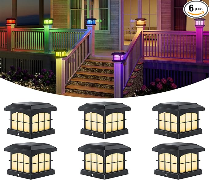 RGBCW Solar Post Cap Lights 6-Pack, 9 Colors 3 Modes Fence Cap Lights, Bright Solar Outdoor Waterproof LED Deck Lighting for Fence Garden Deck Patio Porch Decor 4x4 Vinyl/Wood, Black