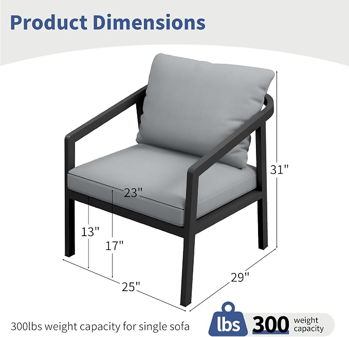 Patio Sofa Chairs Set of 2, Never-Rust Aluminum Outdoor Club Chairs with Washable Thick Cushions, All-Weather Modern Armchair Set for Porch, Deck, Garden, Backyard (Black+Grey)