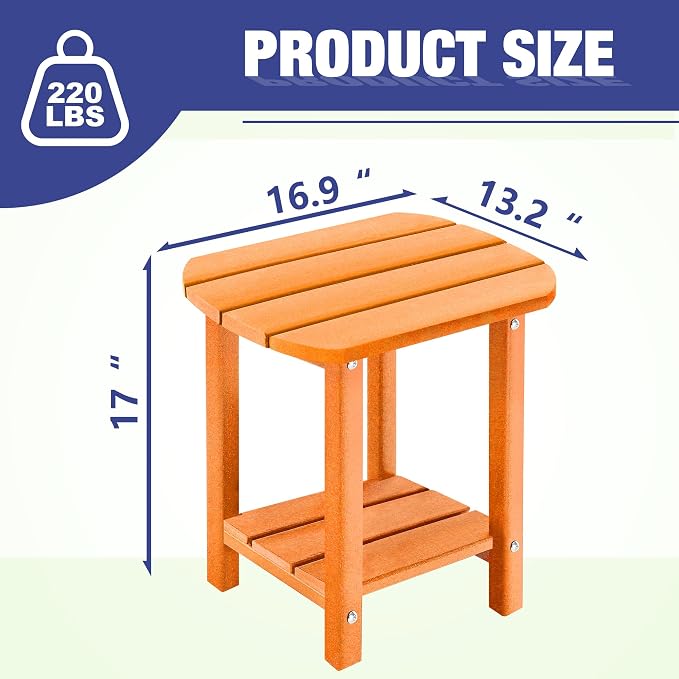 LZRS Patio End Table, Heavy Duty HDPE Outdoor Coffee Table with Wood Texture, Weatherproof Composite Table for Adirondack Chairs, Deck, Pool, Indoor/Outdoor, No Peeling Cracking(Orange)