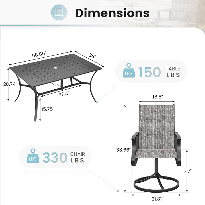 7 Pieces Patio Dining Set, Patio Outdoor Furniture Set of 6 Patio Swivel Dining Chairs and Patio Spliced Rectangular Tabletop with Umbrella Hole, for Deck, Backyard, Poolside & Garden