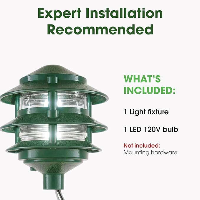 Greenfield Made in the USA Weatherproof Line-Voltage (120V) LED Outdoor Pathway Light – 3-Tier Permanent Outside Light for Walkway, Driveway & Landscaping – Professional Grade – Green