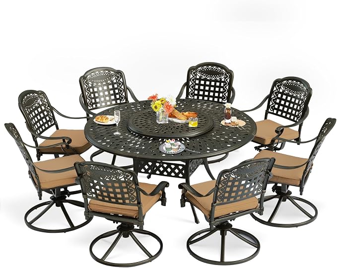 9-Piece Patio Furniture Dining Set, Cast Aluminum Outdoor Conversation Set- 61" Round Patio Dining Table with Detachable Lazy Susan & 8 Cushioned Swivel Rocker Chair, 2" Umbrella Hole, Khaki
