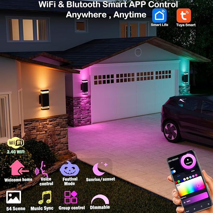 RGB+CCT Outdoor Wall Light 3 Pack, App Control Up Down Wall Sconce, Color Changing 2700K–6500K Exterior Lighting, Waterproof Aluminum LED Porch Lights for Garage Patio Front Door (3 Pack)
