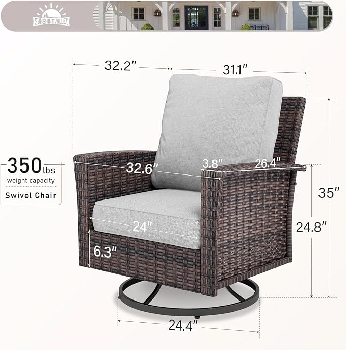 SUNSHINE VALLEY Patio Wicker Swivel Chairs Set of 2, Outdoor High Back Chairs with 5.5" Waterproof Cushions, Outdoor Furniture Set for Deck Porch and Yard, Light Grey