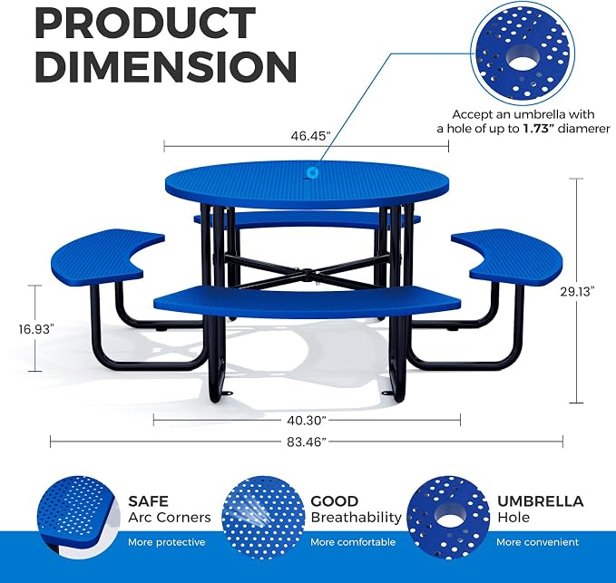 83" Round Heavy Duty Picnic Table for Outdoors Commercial Camping Table with Umbrella Hole up to 1.78" Blue Coated Steel Frame Waterproof Rust Resistant 3200 lbs Load Capacity