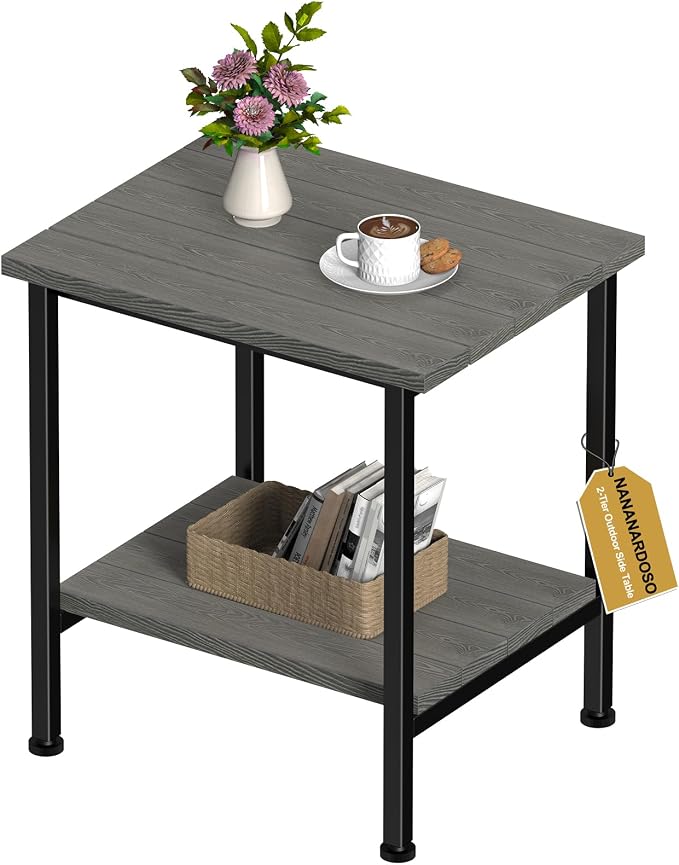 NANANARDOSO 2 Tier Outdoor Side Table with Storage, Adirondack Square Weatherproof End Table for Patio, Garden, Backyard, Porch, Deck, Balcony, Poolside-Grey