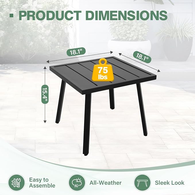 COOS BAY Urban Oasis Metal Patio Table, Small Square Side Table, Weather-Resistant Modern Outdoor Furniture, Black