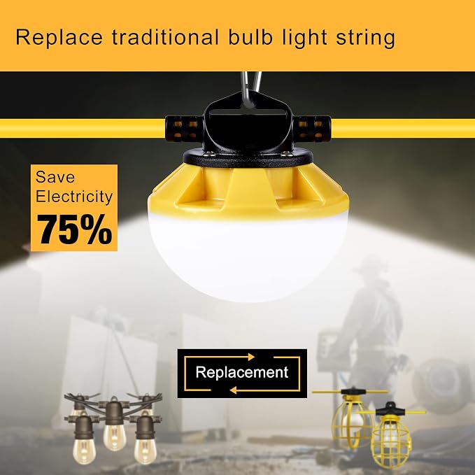 50FT LED Construction String Light, 50W 6000Lm,18AWG Wire,5000K Linkable String Work Lights with 5 Bulbs & Hooks, Industrial Temporary Lighting for Construction Site, Crawl Space,Job Site,Attic