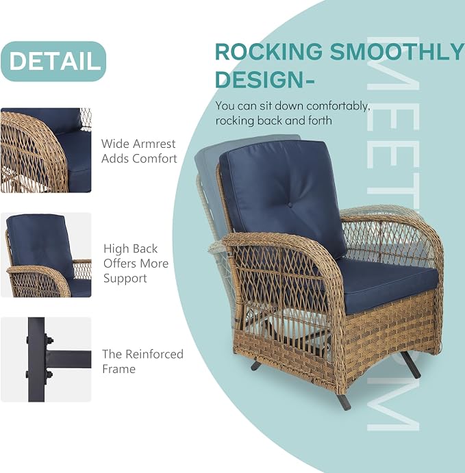 MEETWARM 7 Pieces Outdoor Wicker Patio Conversation Sets with Glider Loveseat, 4 Chairs with 2 Glass-Top Coffee Table Wicker Rocking Glider Set, Wicker Conversation Set w/Thickened Cushions, Navy Blue