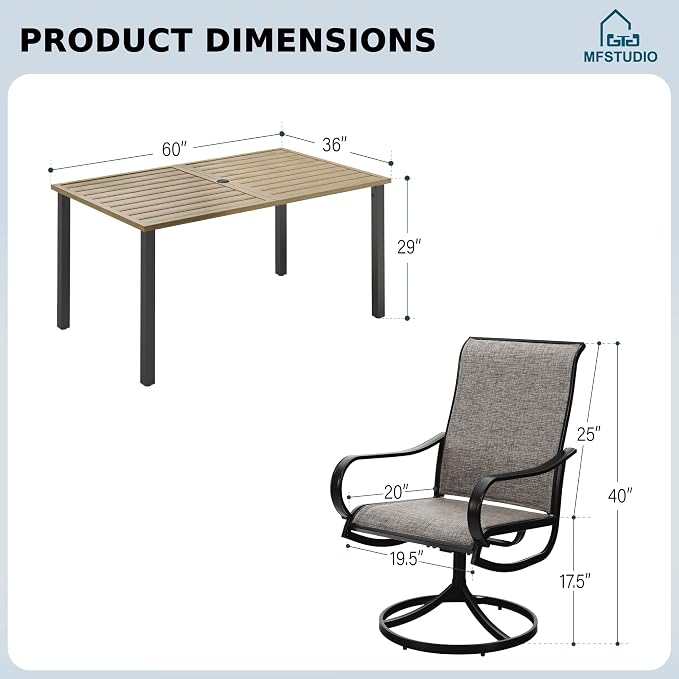 MFSTUDIO Patio Table and Chairs Set of 6, Outdoor Dining Set for 6 with Umbrella Hole, Outdoor Patio Furniture Set for Deck, Backyard, Poolside & Garden