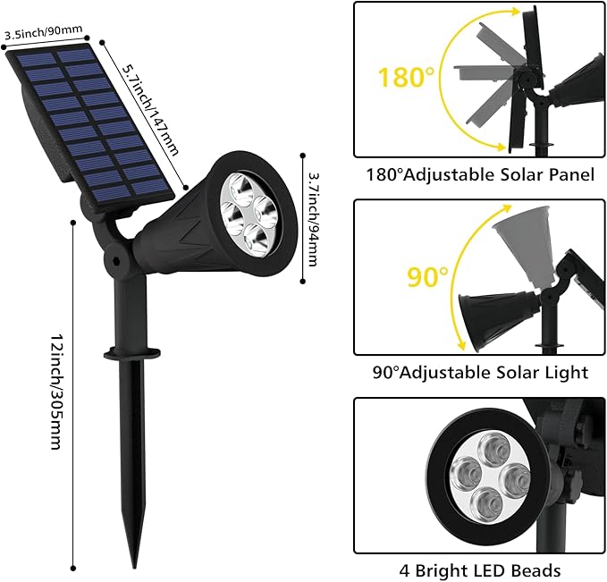 T-SUN Solar Spot Lights Outdoor Waterproof, Natural White, 2 Pack | 4 LEDs, 2 Lighting Modes, IP65 Waterproof Dusk to Dawn Solar Lights for Tree, Patio, Yard, Garden, Driveway, Pool Area