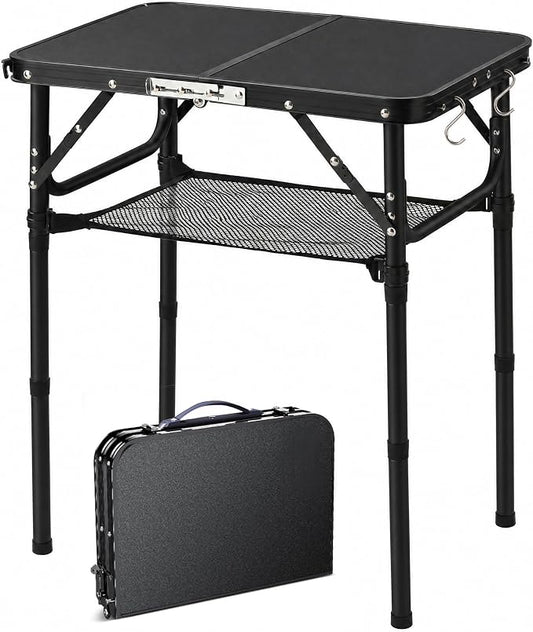 YUFIFAIRY Small Folding Table Portable, 24''L x16''W Foldable Camp Table with 3 Adjustable Height, Indoor Outdoor Lightweight Aluminum for Outdoor Cooking Picnic All Black Table(10"/19"/27.5"