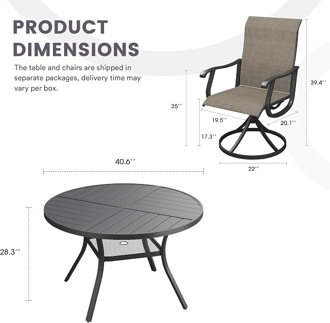 5 Pieces Patio Furniture Dining Set, 4 Textilene Swivel Dining Chairs, 41" Outdoor Round Metal Table with Storage Shelf and 1.57" Umbrella Hole, Outdoor Dining Set for Porch, Lawn, Black/Brown
