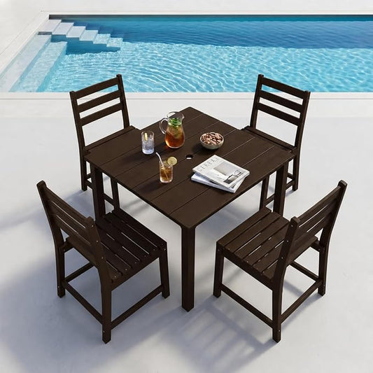 HDPE Outdoor Dining Set for 4, Square Table and Chairs, Brown | All-Weather HDPE, Wood Grain Finish, 42.5" Square Table, Built-In Umbrella Hole, Seats 4, Patio & Poolside Ready