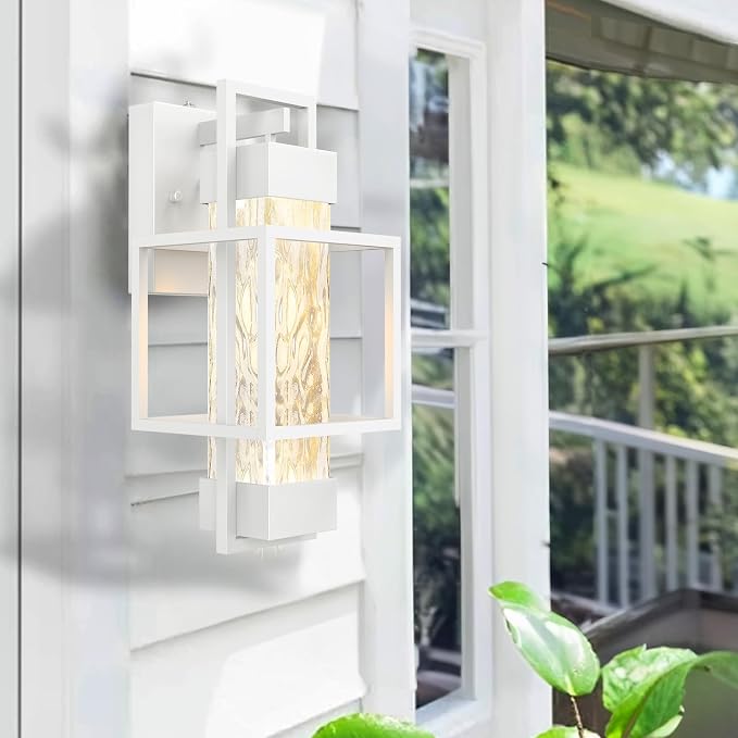 Modern Outdoor Wall Porch Lights 2 Pack, 15" Exterior Sconce Waterproof Dusk to Dawn Lighting, White