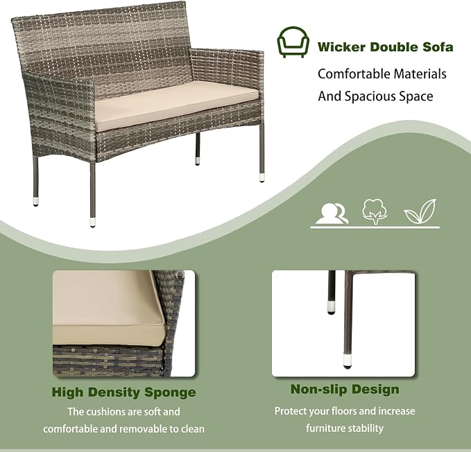 PayLessHere Outdoor Furniture Set 4 Pcs Modular Patio Furniture Set Water Resistant Conversation Set with 3 Rattan Chairs 1 Tempered Glass Topped Table for Patio Poolside, Gray Wicker/Khaki Cushions