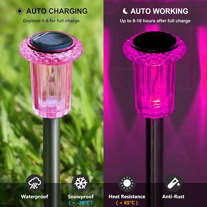 DenicMic Solar Outdoor Lights 10 Pack Pink LED Valentines/Mothers Day Decor | Garden Decor for Outside Yard Patio Flowerbed Pathway Starburst Pattern, Acrylic Diamond-like Lampshade Stainless Steel Pole