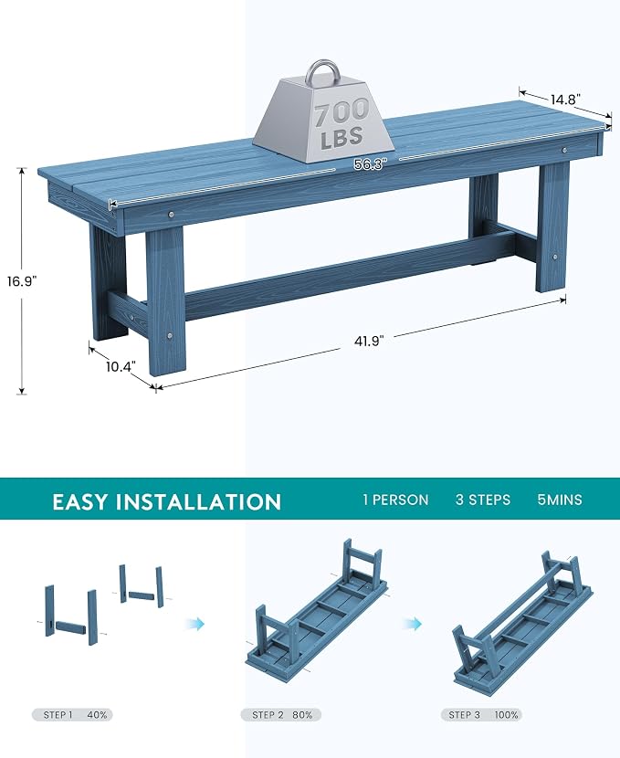 SERWALL 6 Pcs HDPE Dining Set, Includes 1 Table, 1 Bench & 4 Chairs, Blue | Outdoor Dining Set with Bench, All-Weather Resistant SERWALL Dining Set for patio