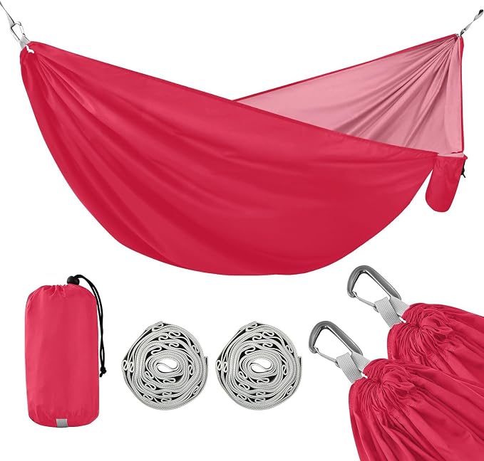 Pink Solid Color Camping Hammock, Portable Lightweight Single Hammock with Tree Straps and Aluminum Carabiners, 114" x 54" Travel Hammock for Hiking Backpacking Beach