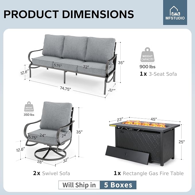 MFSTUDIO 4 Pieces Patio Conversation Sets, All Weather Metal Frame Outdoor Furniture Set Patio Sofas with 1 x 45 Rectangular Propane Fire Table, 1 x 3-Seat Sofa, 2 x Swivel Chairs, Grey Cushion