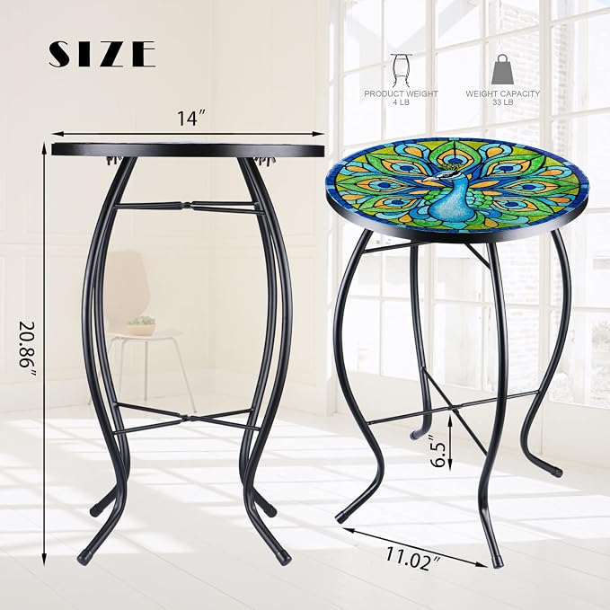 VCUTEKA Patio Side Table Outdoor Accent Table Bistro Coffee Table Plant End Table Small Porch Table Indoor Round Glass Balcony Plant Table Stands Peacock