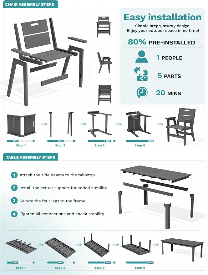 SERWALL 10-Piece Outdoor Dining Set, All-Weather HDPE Patio Furniture with 76" Rectangular Dining Table, 8 Arm Chairs & 1 15FT Umbrella (Base Not Included), Heavy Duty Patio Dining Sets, Gray