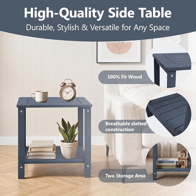 Solid Fir Wood Side Table with 2-Tier Storage, Weather-Resistant Outdoor Indoor End Table,Darkblue Rustic Color Night Stand