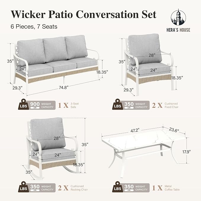 HERA'S HOUSE 6 Piece Metal Patio Furniture Set, All Weather Outdoor Conversation Set with 3-Seat Sofa, 2 Rocking Chairs, 2 Fixed Chairs & Coffee Table, 7 Seats for Backyard, Garden, Deck, White/Grey