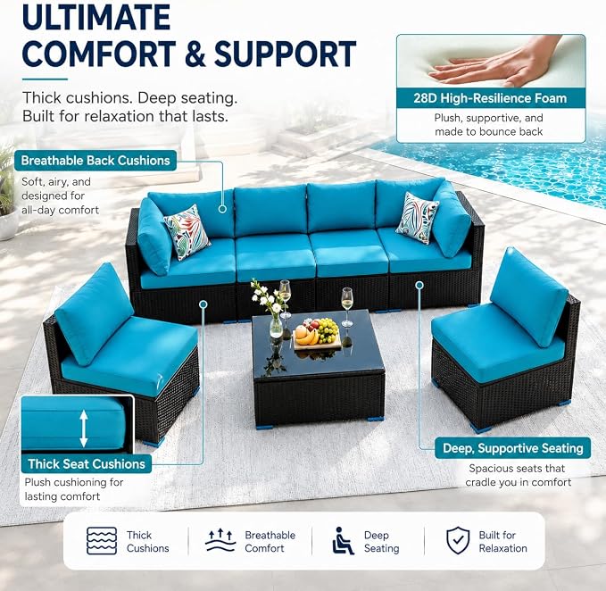 7 Piece Outdoor Sectional Outdoor Patio Furniture Set, Outdoor Patio Furniture Set with Coffee Table, Sectional Couch Sofa with Cushions, Wicker Outdoor Conversation Set for Backyard & Garden, Blue