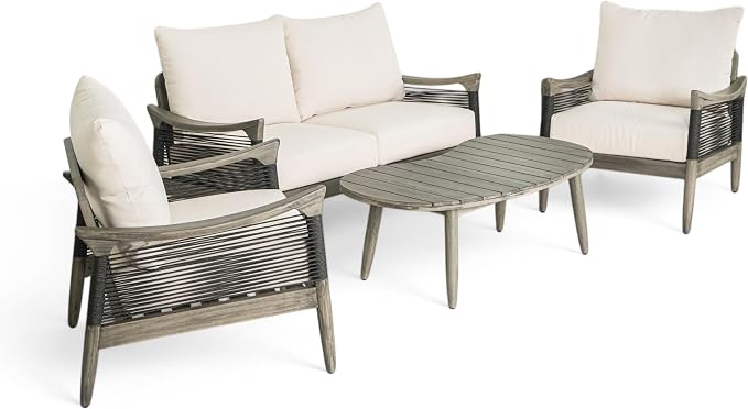 Merax 4-Piece Acacia Wood Patio Set with Loveseat, Chairs & Table | Grey Acacia Frame, Dark Grey Rope, Beige Cushions, Deep Seating And Coffee Table For Porch, Garden, Backyard Or Balcony