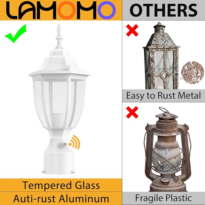 Lamomo Dusk to Dawn Outdoor Post Lights, Waterproof Aluminum White Lamp Post Light Fixture, Lamp Posts Outdoor Lighting Pole Lantern for Yard Patio Pathway Garden