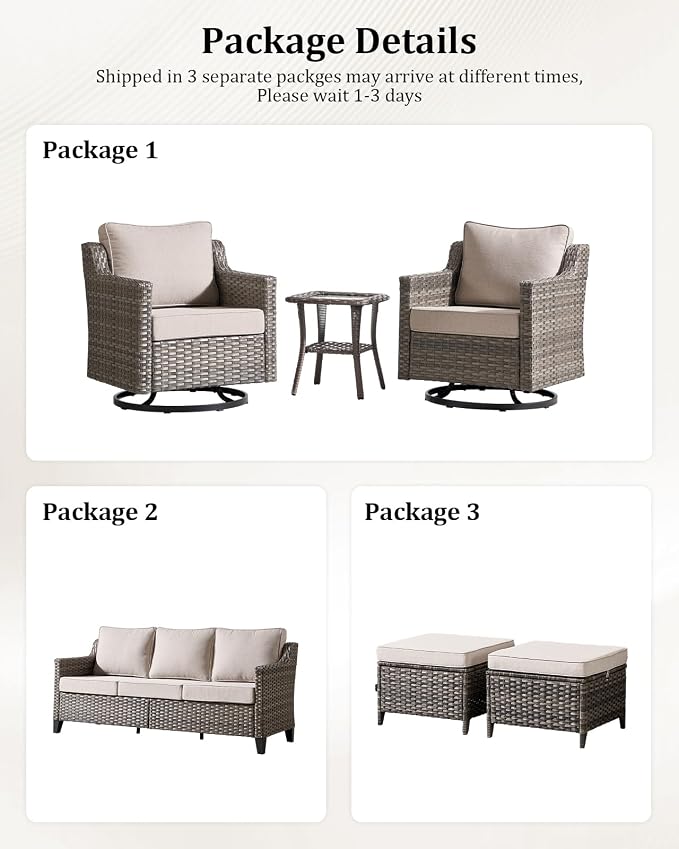 Outdoor Furniture Set of 6, Patio Chairs with Luxury 4" Cushion, Wicker Swivel Rocker Patio Chairs, and Side Table, High Back&Deep Seat for Garden Deck Porch Balcony Backyard - Beige