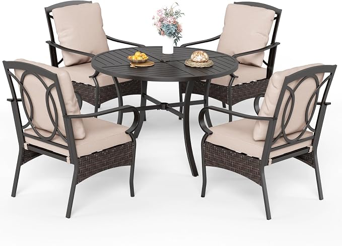 Sophia & Willliam Oversized Outdoor Dining Set 5 Piece Metal Patio Table and Chairs Set with 4 Large Padded Patio Dining Chairs & 42" Round Dining Table, Deck,Lawn,Kitchen Furniture