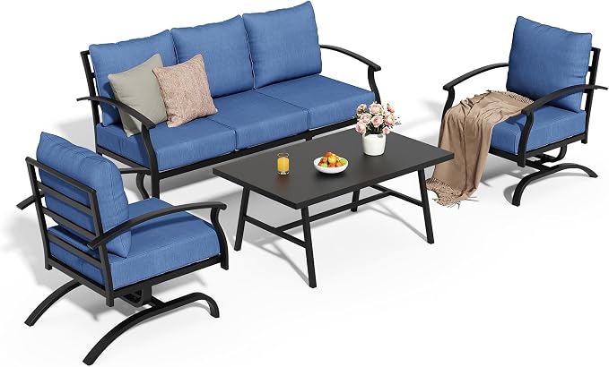 Metal Patio Furniture Set, 4 Piece Outdoor Sectional Conversation Sofa Set, 3-Seat Sofa w/2 Single Sofas and Coffee Table, Garden, Porch, Balcony, Deck, Navy Blue