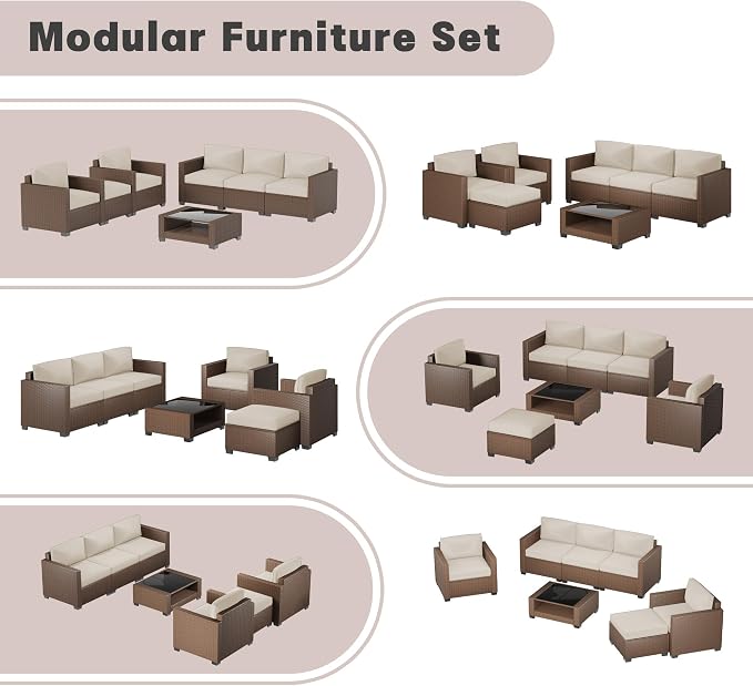 Patio Furniture Set, 7-Piece Outdoor Sectional Couch with Coffee Table & Thick Cushions, Outdoor Wicker Conversation Set for Backyard, Poolside, Garden (Brown-White, 7 Piece-Double)