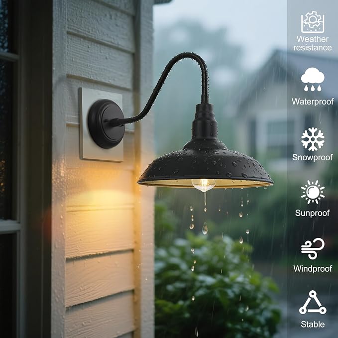 14in Dome Large Outdoor Barn Lights, Black Exterior with Gold Interior Gooseneck Light Fixture, Outside Wall Mount Industrial Sconce for Porch Farmhouse Garage Front Door Patio Entryway
