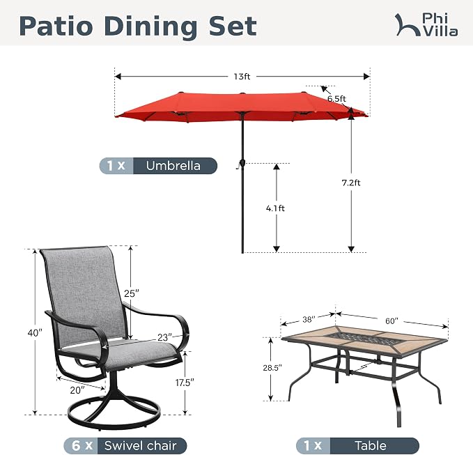 PHI VILLA 8 Pc Outdoor Dining Set with 13ft Umbrella, Swivel Mesh Chairs | 60'' wood-look rectangular table, 6 grey patio textilene chairs and 13ft orange red umbrella(NO BASE) for deck, garden, yard