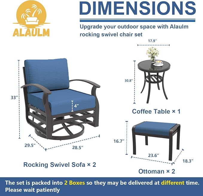 ALAULM 5 Piece Aluminum Outdoor Swivel Chairs High Back Metal Swivel Rocking Chairs with 5.1" Sponge Cushions, 2 Ottmans and 1 Coffee Table for Patio, Porch, Backyards, Garden(DarkBlue)