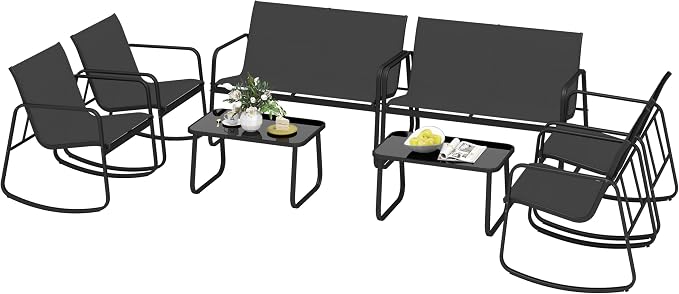 HAPPYGRILL 8 Piece Patio Rocking Bistro Set with 4 Rocking Chairs, 2 Loveseat & 2 Coffee Table, Outdoor Conversation Furniture Set for Garden Poolside Balcony (2)