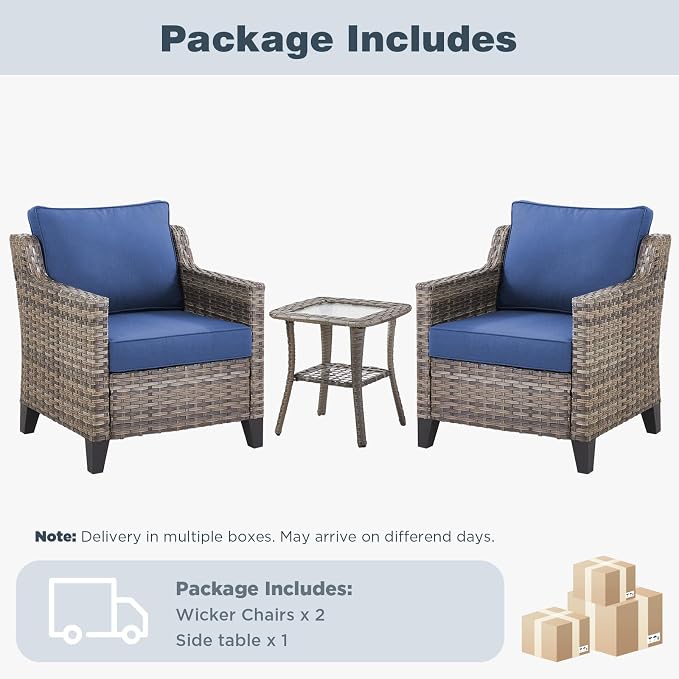 Belord Patio Chairs Set with Side Table, Outdoor Rattan Chairs for Deck Porch Garden, 3 Piece Luxury Patio Furniture Set, Blue